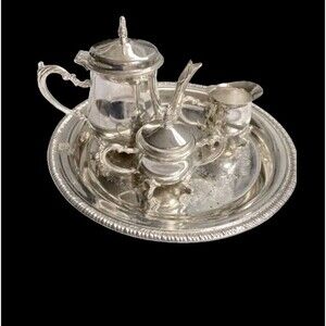 VTG Silver Plate Small 4 piece Coffee Set Teapot Creamer Sugar Bowls  & Tray